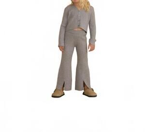 NEW RYLEE + CRU long sleeve knit button top and flare knit pant set in dusty blu